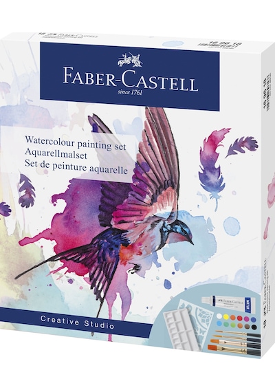 Faber-Castell Suluboya Boyama Seti 18 Parça,Sulu Boya Tüpü,Sulu Boya Fırçası, Karıştırma Paleti ve Çizim Şablonu