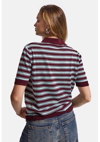 Kadın Bordo Çizgili W6-35 Oversize Polo Yaka Triko