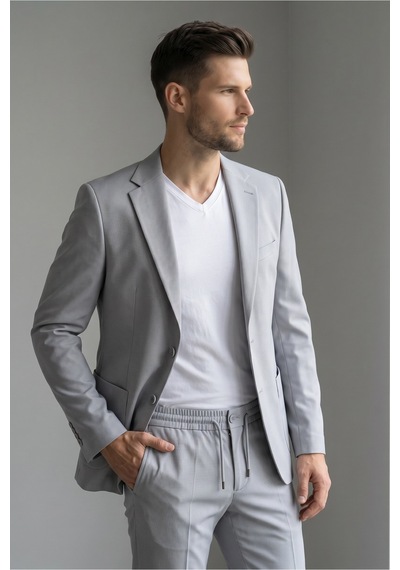 Atlasgiyim Erkek Slimfit Torba Cepli Jogger Pantolonlu Takım Elbise Buz Grisi