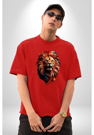Renkli Kaplan Kükrüyor Pamuklu Bisiklet Yaka Unisex Oversize Boyfriend Dijital Baskılı Kırmızı T-shirt Kırmızı