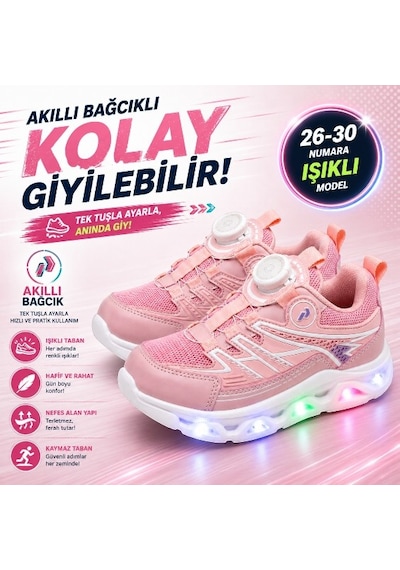 Promax Akıllı Bağcıklı Işıklı Çocuk Spor Ayakkabı Pembe 26-30 Kolay Giyilebilir