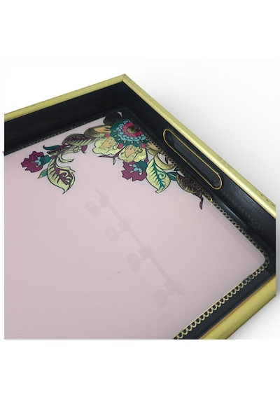 Sudedi Home Pembe Zeminli Çiçek Desenli Altın Çerçeveli Melamin Sunum Tepsisi 31x46 Cm Pembe