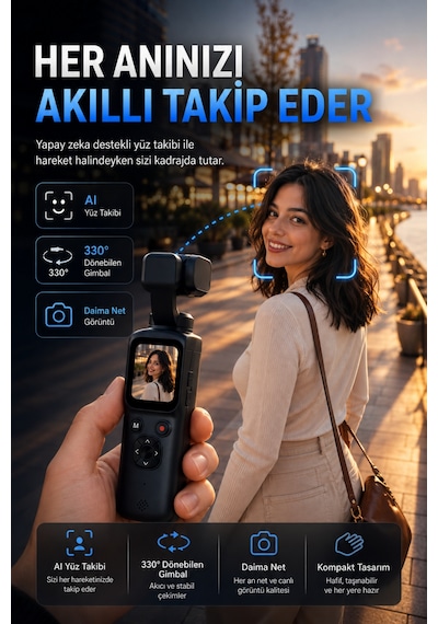 4k Ultra Hd Vlog Kamera 75mp Wifi Yapay Zeka Yüz Takipli 330 Gimbal 1.7 Dokunmatik Ekran 64gb Hafıza Kartlı