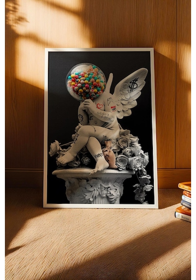 Pop Art Cupido Eros Melek Heykeli Grafiti Çerçeveli Tablo Sokak Sanatı Ofis İş Yeri Dekoru Modifiye Sanat