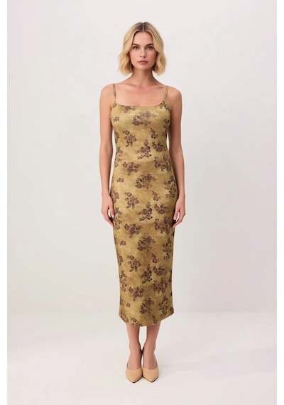Benerly Kadın İnce Askılı Kare Yaka Çiçek Desenli Bodycon Midi Esnek Örme Yeşil