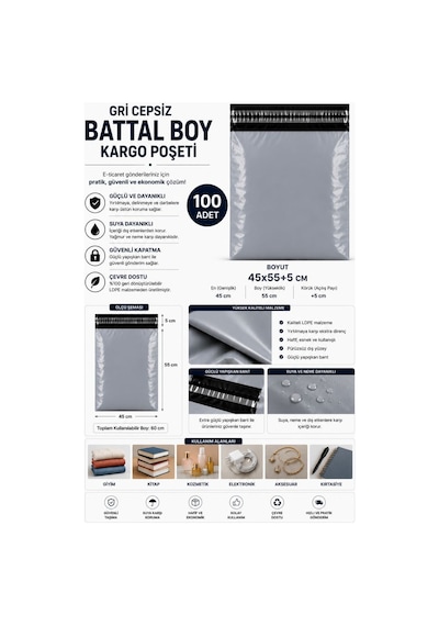 Gri Cepsiz Battal Boy Kargo Poşeti 45x55+5 Cm 100 Adet