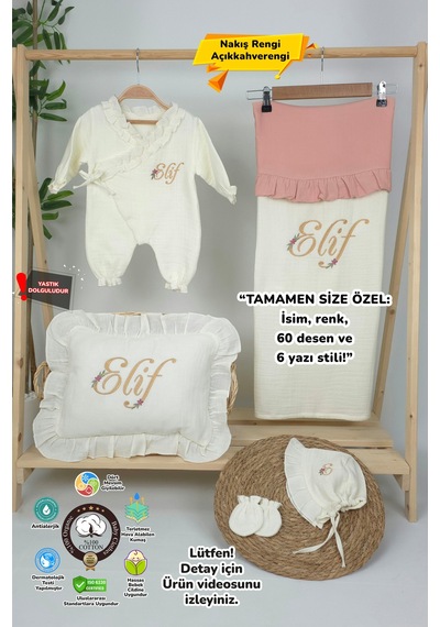 Gros Shop Müslin Yeni Doğan 4katlı Organik %100pamuk Kişiye Özgü Nakışlı Hastane Çıkış Seti Papatya Model-7 Ekru