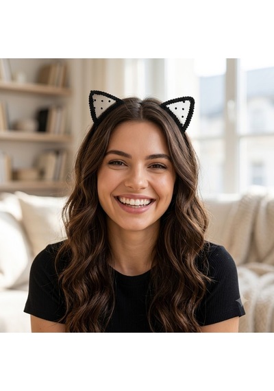 Kedi Kulaklı Siyah Puantiyeli Dantelli Taç Kedi Kız Anime Aksesuarı Anime Saç Aksesuarı