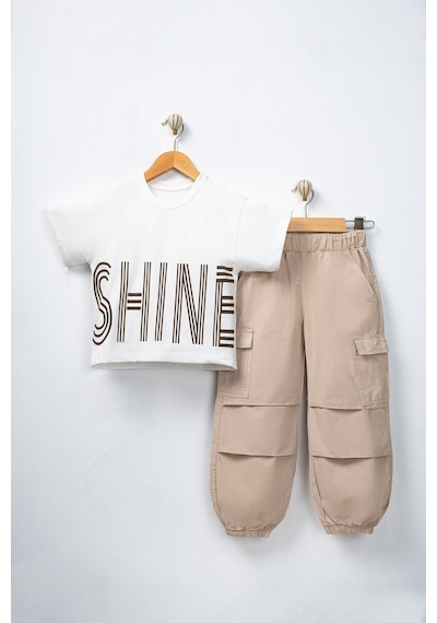 Aden Kids Kahverengi Renk Oversize Kız Çocuk Pamuk Keten Pantalonlu Alt Üst Takım