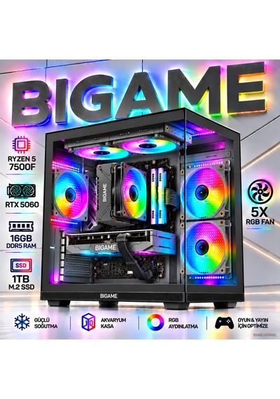 Bigame ANUBIS-V7 R5-7500F 16 GB 1 TB M2 SSD RTX5060 Free Dos Masaüstü Oyuncu Bilgisayarı