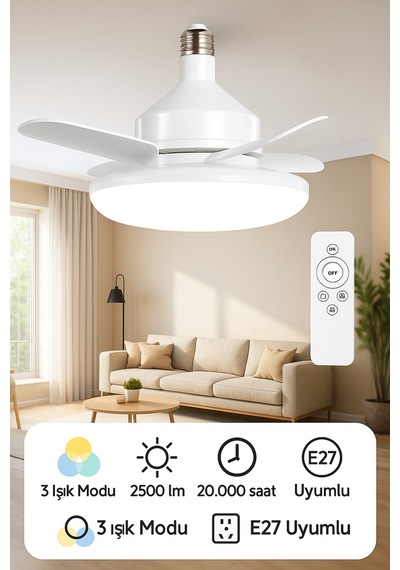 Katlanabilir Led Tavan Vantilatörü Sessiz, Akıllı Ve Kumandalı Aydınlatma 22.5'' Beyaz - 731575925