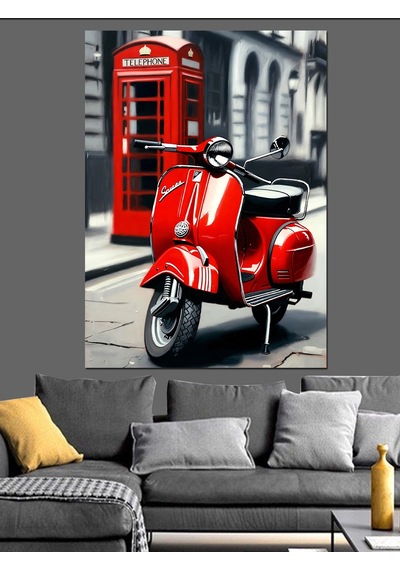 Siyah Beyaz Londra Kırmızı Telefon Kulubesi Ve Scooter Motor Dekoratif Kanvas - Mdf Ahşap Tablo