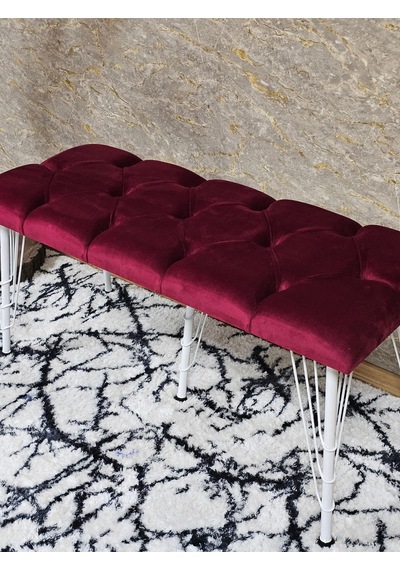 Zafir Metal Beyaz Tel Ayaklı 100 Cm Puf Bench - Puf - Bench - Oturak - Mutfak Oturağı - Antre Oturağı Bordo