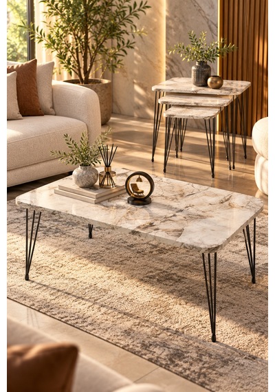 Odera Beyaz Mermer Desenli Orta Sehpa Ve Zigon Sehpa 4'lü Set Metal Tel Ayaklı Modern Salon Sehpası Diğer