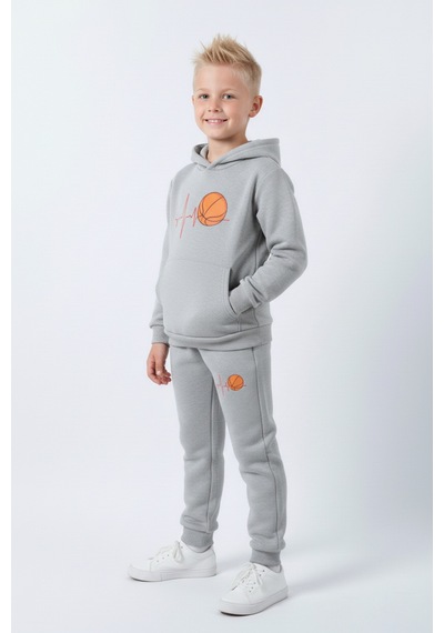 Fyk Kids 3 İplik Şardonlu Kışlık Nabız Basketbol Baskılı Kanguru Cepli Kapüşonlu Erkek Çocuk Eşofman Takımı Gri