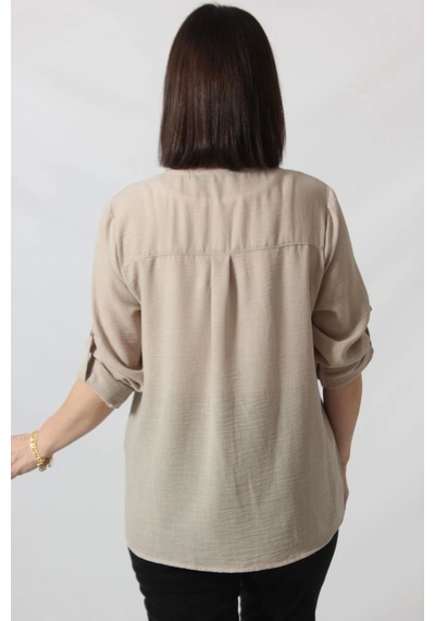 Moda Berray Tb-069 Keten Kolu Apoletli Sıfır Yaka Büyük Beden Taş Rengi Gömlek Bej