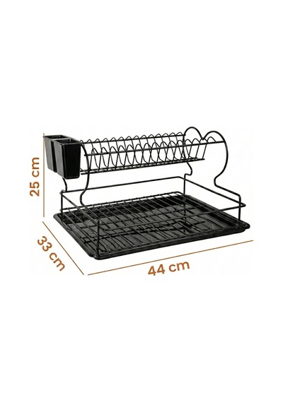 2 Katlı Bulaşıklık, Paslanmaz Termoplastik Kaplama, Tepsili, Tabak Ve Kaşık Kurutmalık Siyah