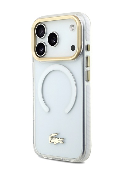 Apple Uyumlu iPhone 17 Pro Kılıf Lacoste Lisanslı M-safe Özellikli Gold Timsah Logolu Buzlu Kapak Beyaz Beyaz