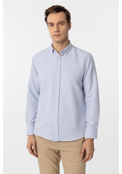Süvari Buz Mavi Slim Fit Armürlü Düğmeli Yaka Gömlek