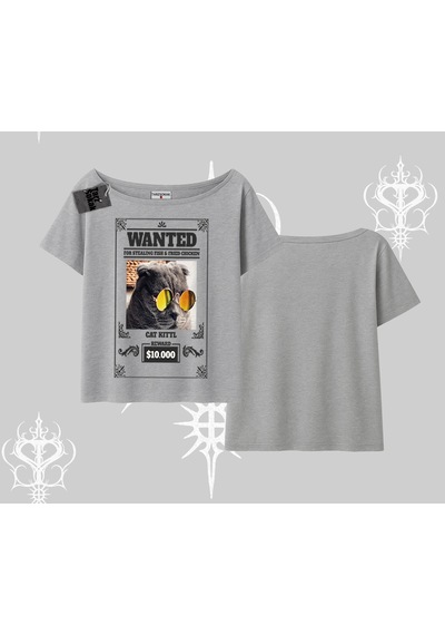 Tarzsokak Wanted Temalı Kedi Baskılı Kayık Yaka Tshirt Gri
