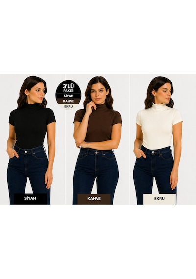 İngegno Body Yarım Balıkçın Kısa Kol Viskon Örme Kumaş Body 3 Lü Paket Siyah - Ekru