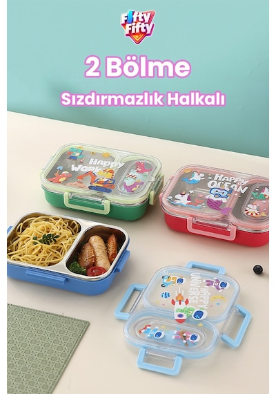 600 Ml Sızdırmaz İki Bölme Paslanmaz Çelik Lunch Box Yeni Nesil Sefer Tası Çatallı Kaşık Ff7163 Pembe