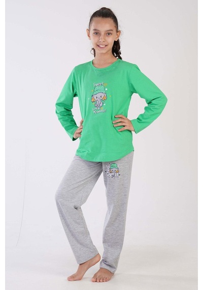 Kız Çocuk Uzun Kol Yeşil Pijama Takımı C3t0n7o122 001