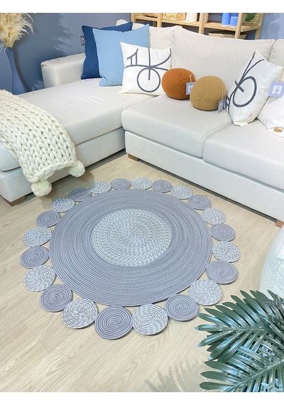 Mavaux Gri Jüt Hasırlı Kırçıllı El Örgüsü Kilim Halı Hasır Yuvarlak Gri