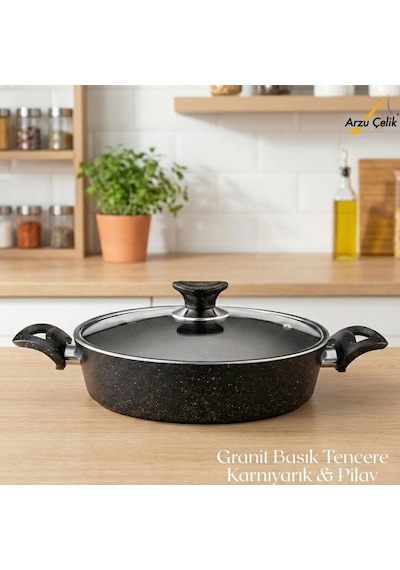 26 Cm Granit Karnıyarık & Pilav Tenceresi Cam Kapak - Siyah Siyah