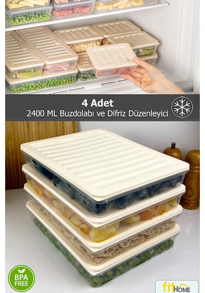4'lü Set Buzdolabı Ve Buzluk Difriz Düzenleyici Çok Amaçlı Hava Geçirmez Saklama Kabı 4x2400ml Karışık