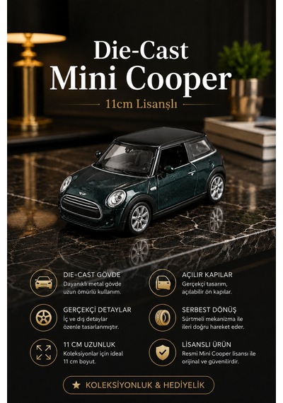 Cooper Diecast Metal Oyuncak Araba 11 Cm Çek Bırak Yeşil Çok Renkli