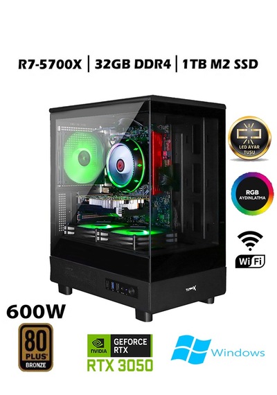 Turbox TC93 R7-5700X 32 GB 1 TB SSD RTX3050 W10P Masaüstü Oyuncu Bilgisayarı