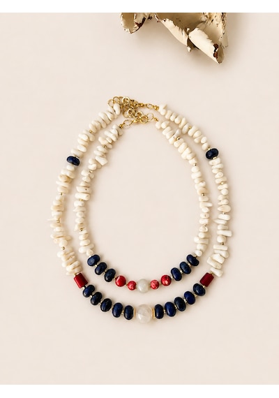 El Yapımı Doğal Taşlı İkili Kolye Beyaz Mercan, Lapis Lazuli, Jasper Ve Ay Taşı Kolye Mavi