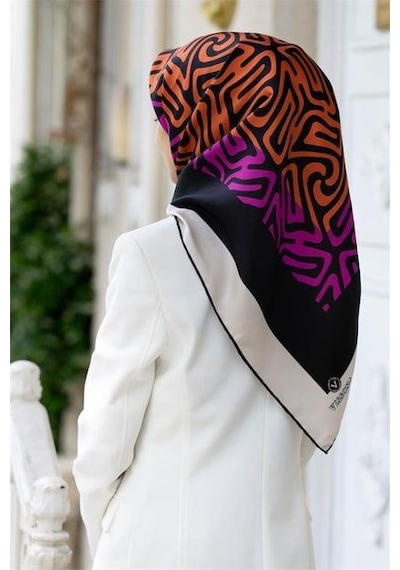 Vissona Twill İpek Eşarp 51373 - 11 - 0025 - 0013 Fuşya Turuncu Soyut Desen Pembe
