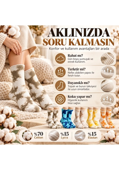 Bezos Unisex Batik Desenli Çorap 5'li Set Pamuklu Renkli Uzun Soket Dikişsiz Nefes Alan Günlük Spor Çorabı 22 Çok  Renkli