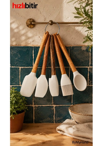 Bymyhand Doğal Ahşap Saplı Slikon Uçlu Slikon Mutfak Ve Pasta Yapım Hazırlık 5'li Set