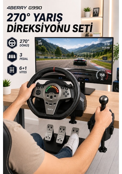 G990 270 Gaming Direksiyon Seti 6+1 Vitesli, 3 Pedallı, Titreşimli Yarış Simülasyonu