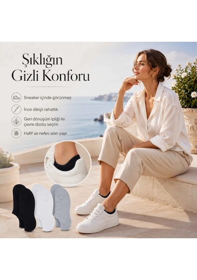 Elitse Kadın Geri Dönüşüm İplikli 6 Lı Görünmez Sneaker Çorap, İnce Dikişli Nefes Alan Babet Çorap Siyah Beyaz Gri Beyaz 6'lı