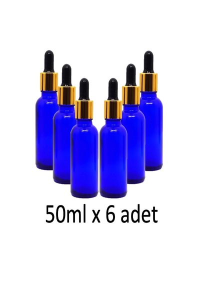 Damlalık, 6 Adet 50ml Damlalıklı Cam Mavi Renk Şişe, Metal Gold S