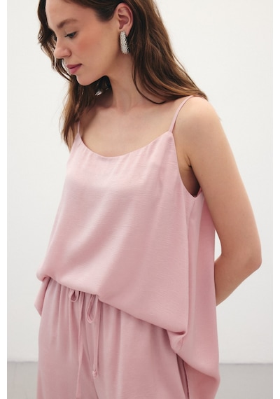 Sateen Askılı Saten Bluz - Pudra-136345 Pudra