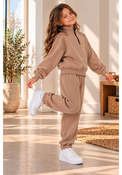 Zuzunga Unisex Çocuk Yarım Fermuarlı Dik Yaka Düz Renk Sweatshirt Ve Eşofman Takımı Bej