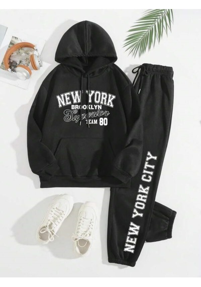 Siyah New York Team Baskılı Kapüşonlu Sweatshirt Ve Eşofman Altı Eşofman Takımı Siyah