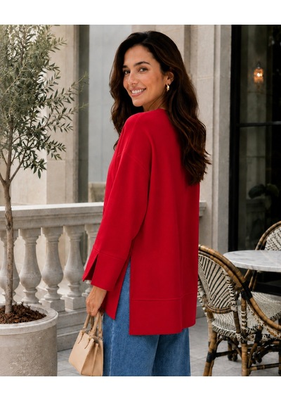 Unika Boutique Kadın Oversize Yırtmaçlı Uzun Kollu Salaş Bluz Kırmızı