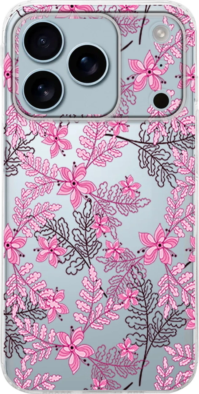 Apple Uyumlu iPhone17 Pro Max İle Kamera Çevresi Açık Floral Pembe Baskılı Şeffaf Kılıf