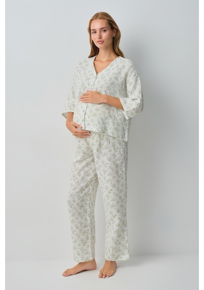 Suwen Cindy Pamuklu Hamile Lohusa Gömlek Yaka Pijama Takımı Wsh10510183338 Ekru Desenli