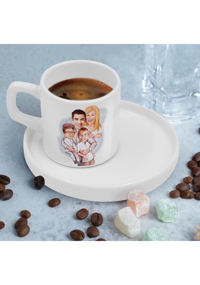 Bk Gift Kişiye Özel Sunum Tabaklı Aile Karikatürlü Kahve Fincanı-10, Sevgiliye Hediye, Aileye Hediye, Arkadaşa Hediye Beyaz