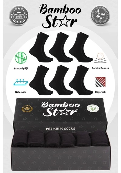 Bamboo Star Bambu Erkek Soket Uzun Düz Siyah Çorap Dikişsiz 6'lı Premium Kutulu