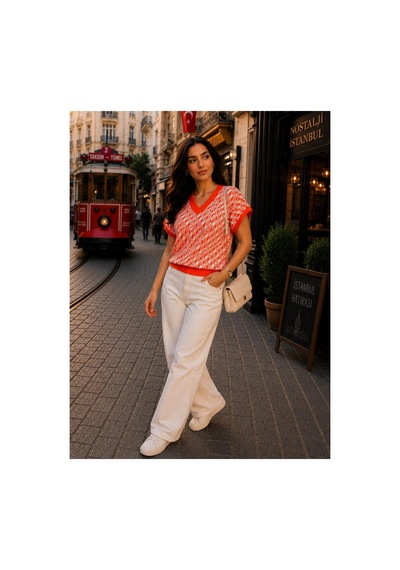 Hira Life Fashion Sfg Life Moda Kadın V Yaka Kare Desenli Şık Süveter Turuncu Turuncu