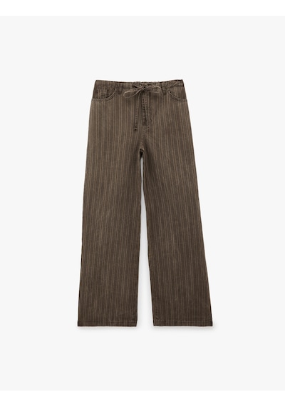 Koton Pamuklu Rahat Kalıp Beli Bağcıklı Çizgili Pantolon - Loose Straight Fit Jean Kahverengi Çizgili 6sal40148mw