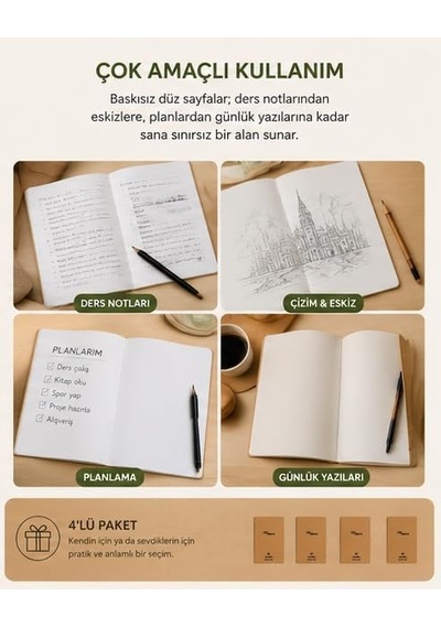 A5 Kraft Kapak Tel Dikişli Defter 4'lü Paket